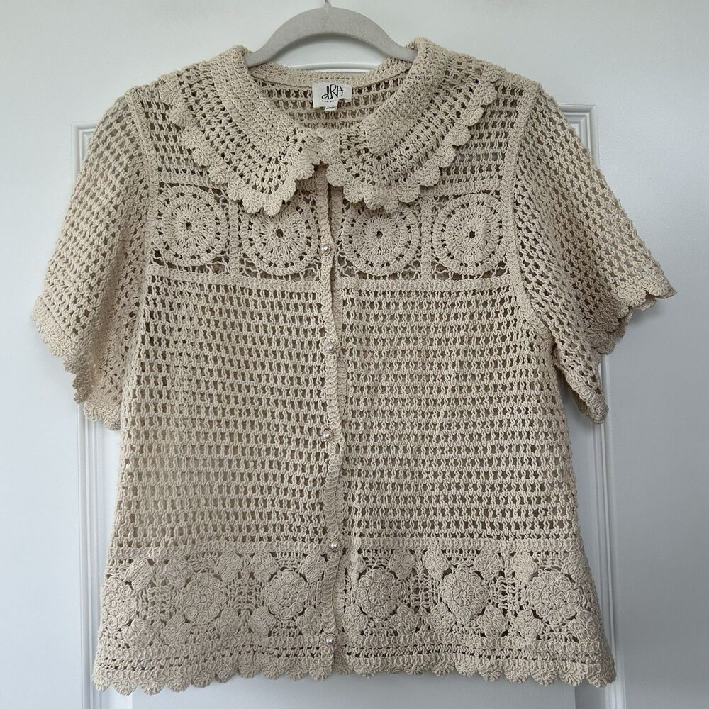 dRA Los Angeles S Beige Crochet Button Up Boho Cardigan Top Granny Cottagecore
